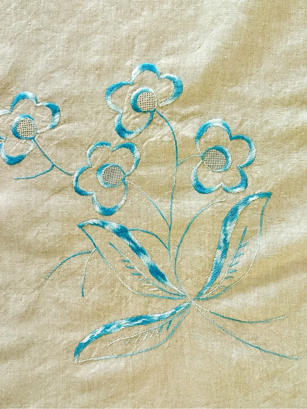 Natural Flax Linen Tablecloth Embroidered Blue Floral 64x80 EUC